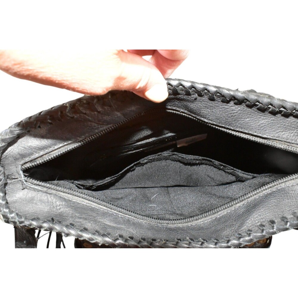 Kobler Furry Cowhide Fringed Bag Black White Tooled Leather Crossbody - Picture 9 of 12